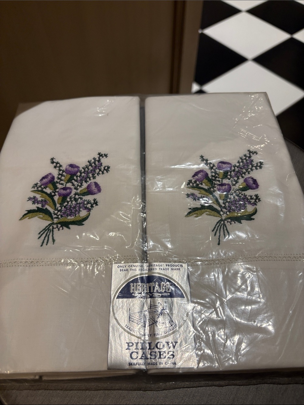 Heritage White Pillowcases with Purple and Green Floral Embroidery